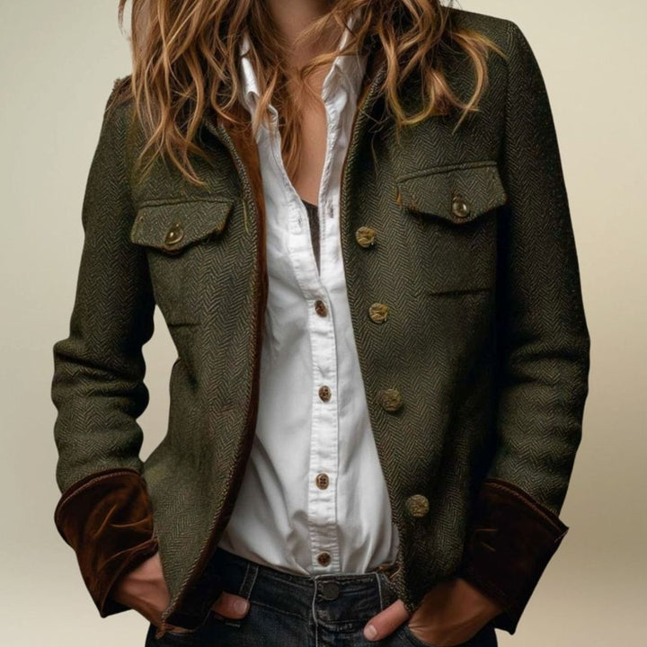 Women's Herringbone Tweed Military-Style Gold Button Jacket