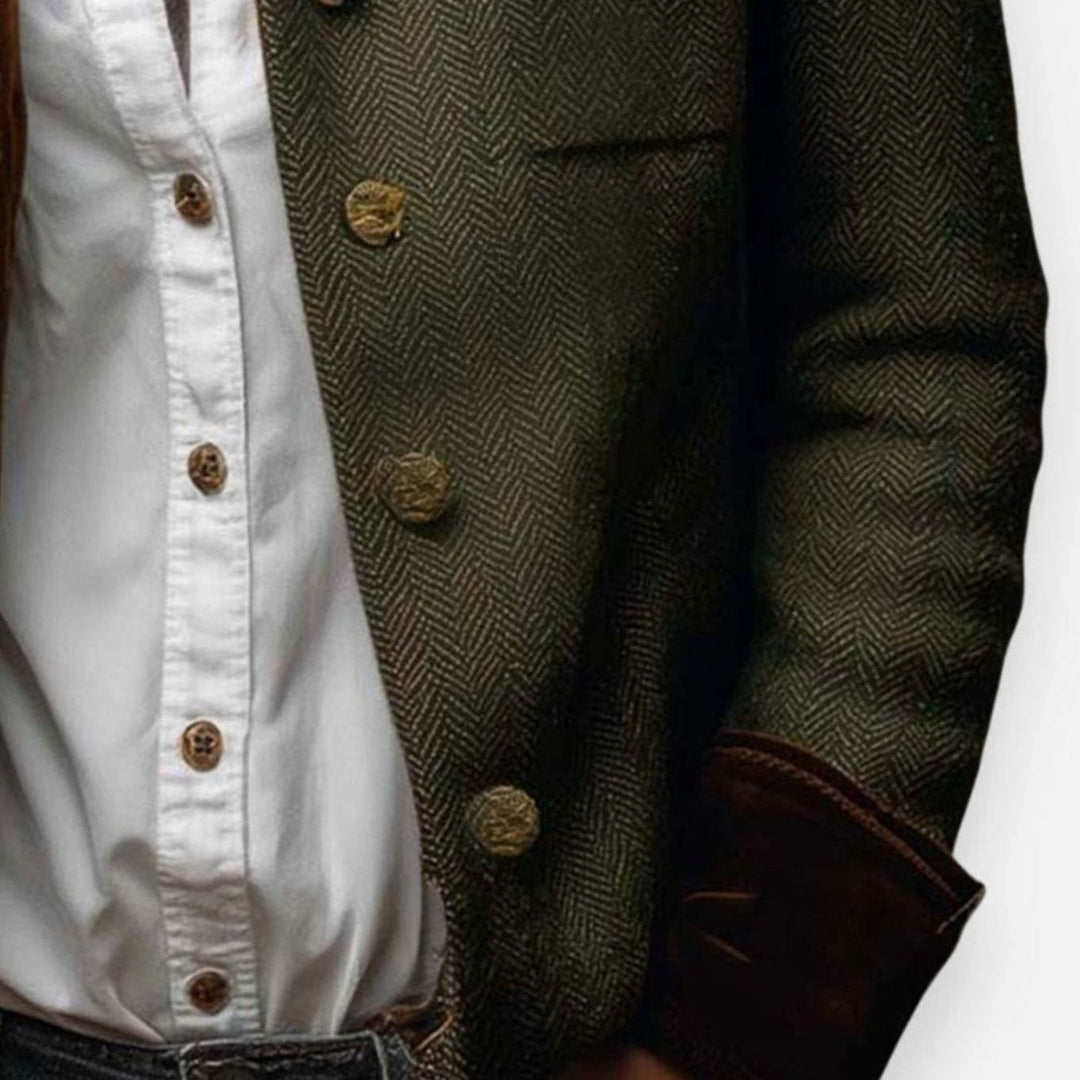 Women's Herringbone Tweed Military-Style Gold Button Jacket