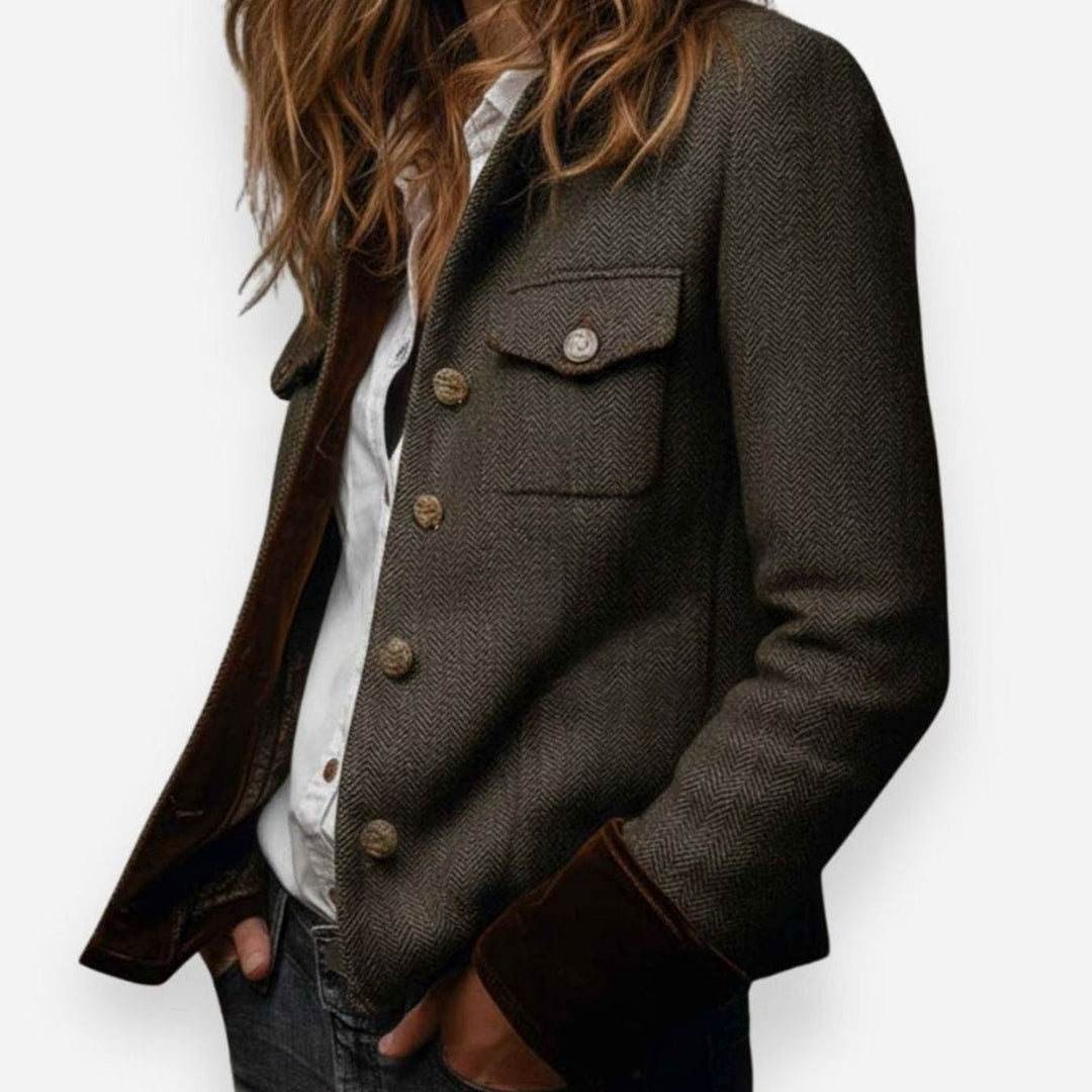 Women's Herringbone Tweed Military-Style Gold Button Jacket