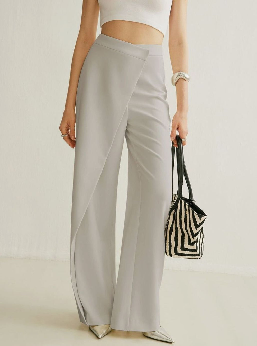 Women's High-Waist Asymmetric Wrap Wide-Leg Trousers, Grey - Grey