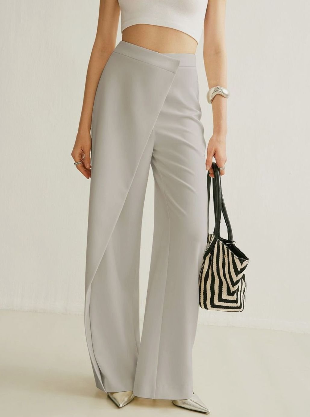 Women's High-Waist Asymmetric Wrap Wide-Leg Trousers, Grey - Grey