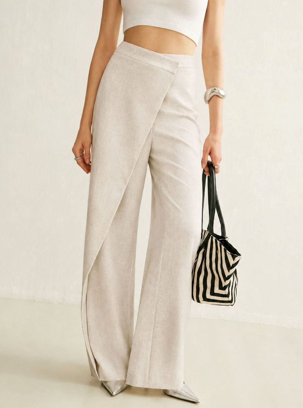 Women's High-Waist Asymmetric Wrap Wide-Leg Trousers, Grey - Apricot