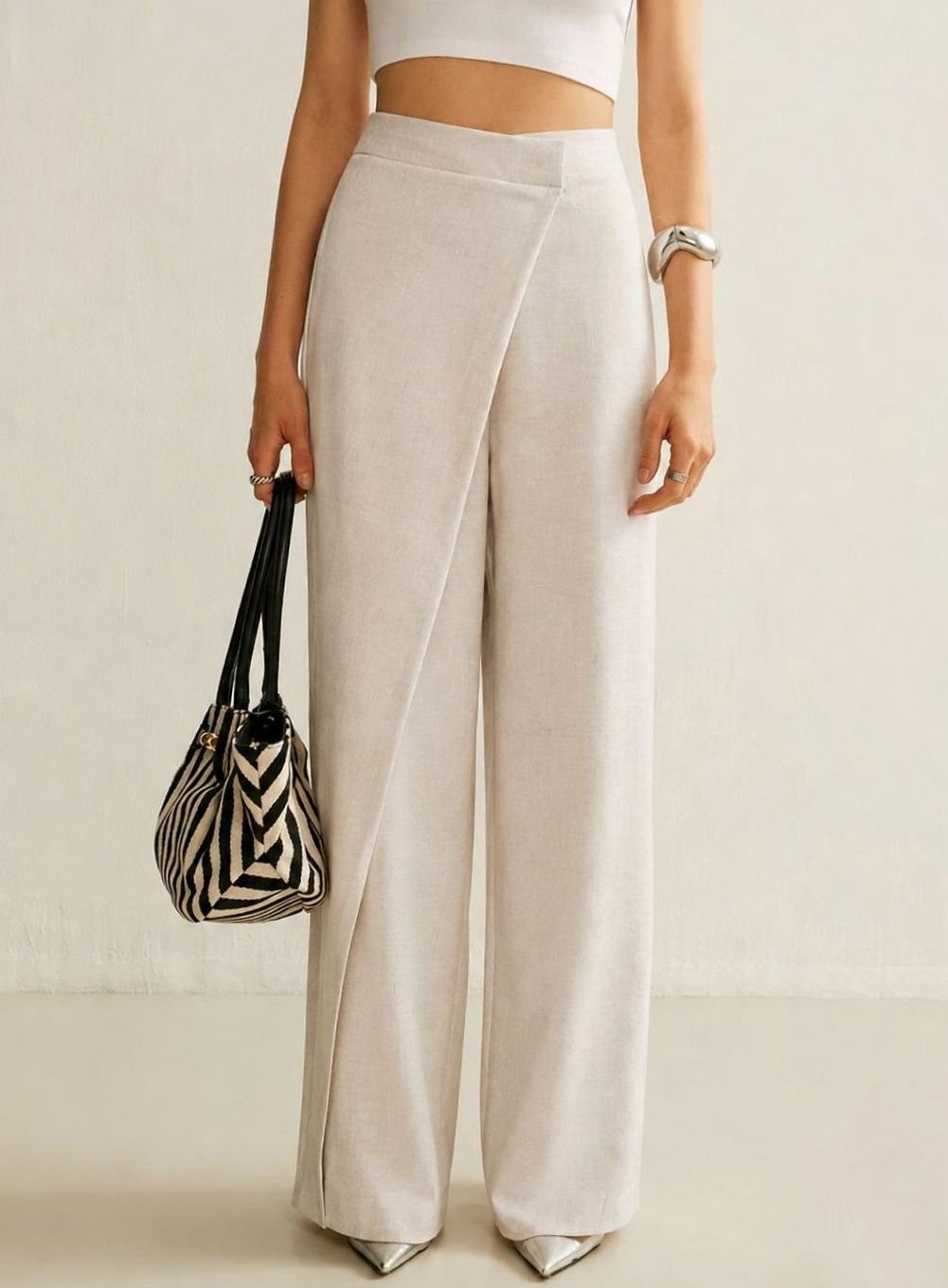 Women's High-Waist Asymmetric Wrap Wide-Leg Trousers, Grey