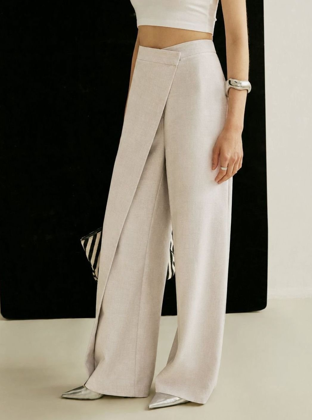 Women's High-Waist Asymmetric Wrap Wide-Leg Trousers, Grey
