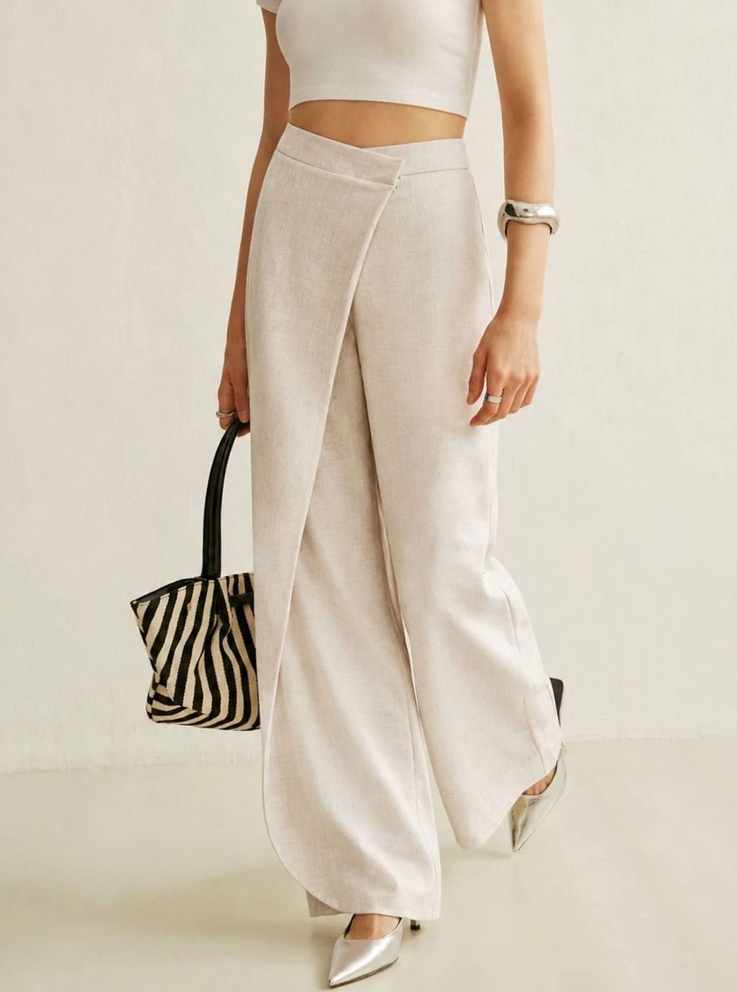 Women's High-Waist Asymmetric Wrap Wide-Leg Trousers, Grey