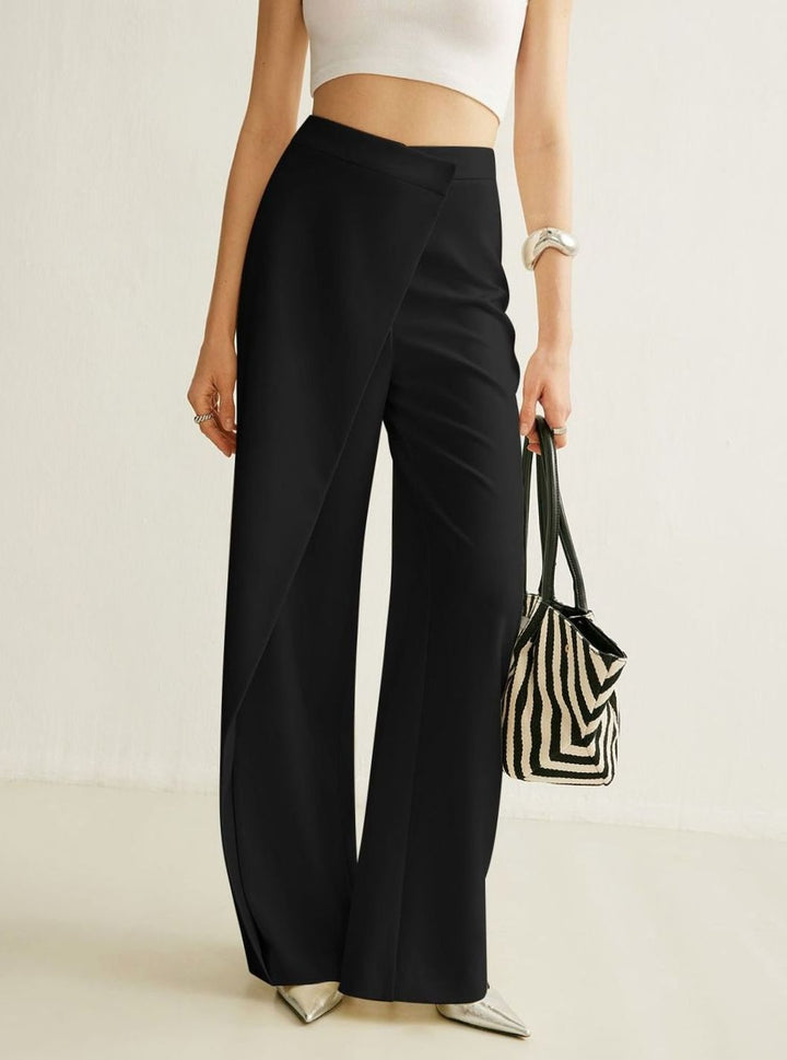 Women's High-Waist Asymmetric Wrap Wide-Leg Trousers, Grey - Black