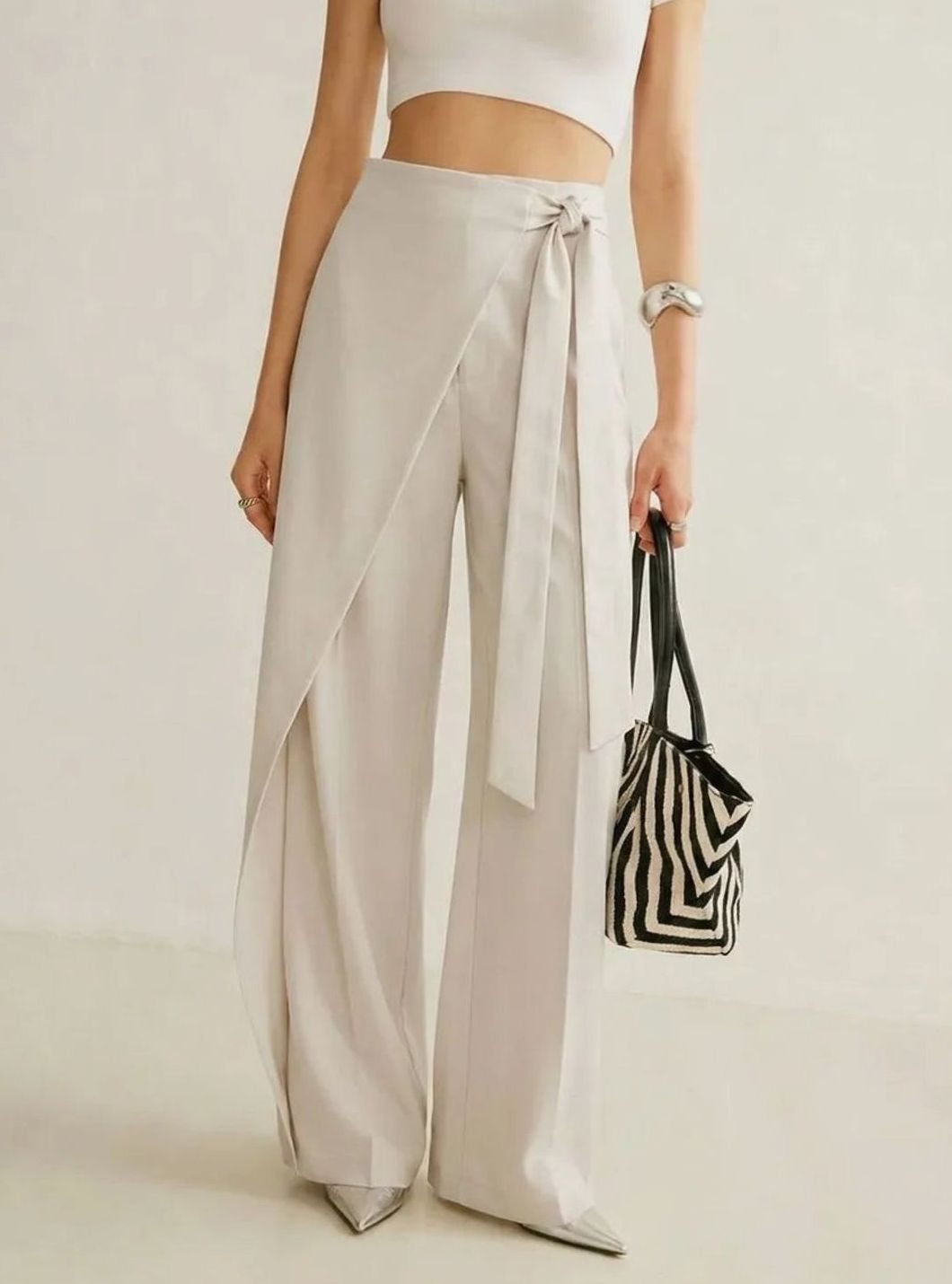 Women's High-Waist Asymmetric Wrap Wide-Leg Trousers, Light Grey - Apricot