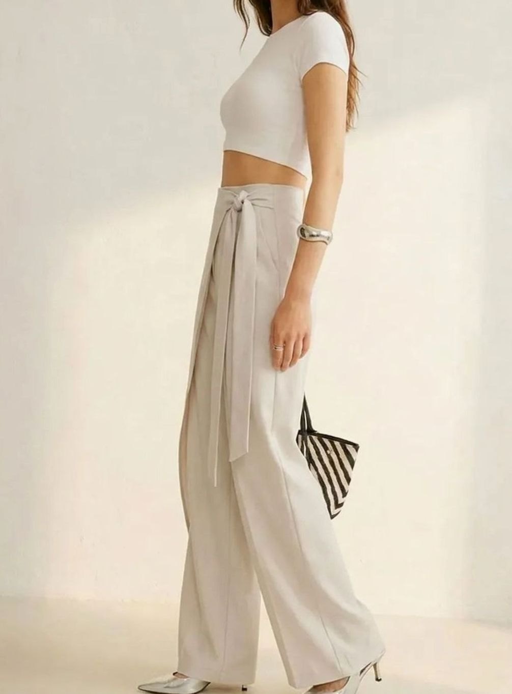 Women's High-Waist Asymmetric Wrap Wide-Leg Trousers, Light Grey