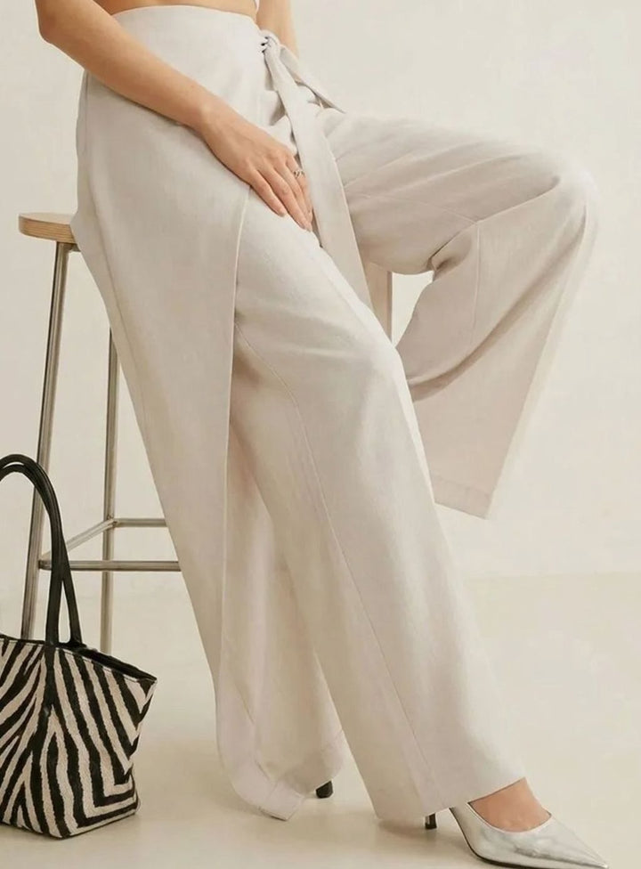 Women's High-Waist Asymmetric Wrap Wide-Leg Trousers, Light Grey