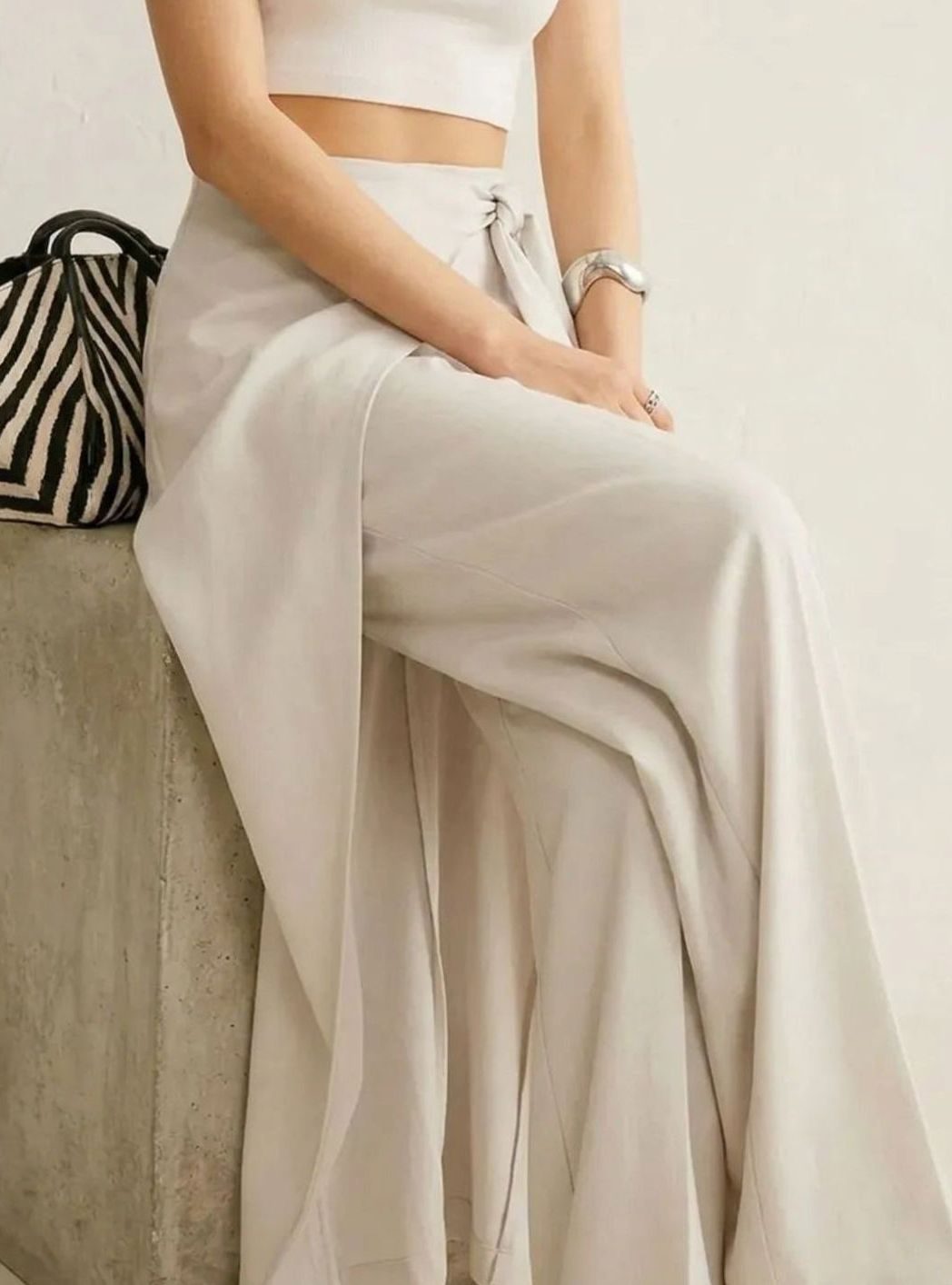 Women's High-Waist Asymmetric Wrap Wide-Leg Trousers, Light Grey