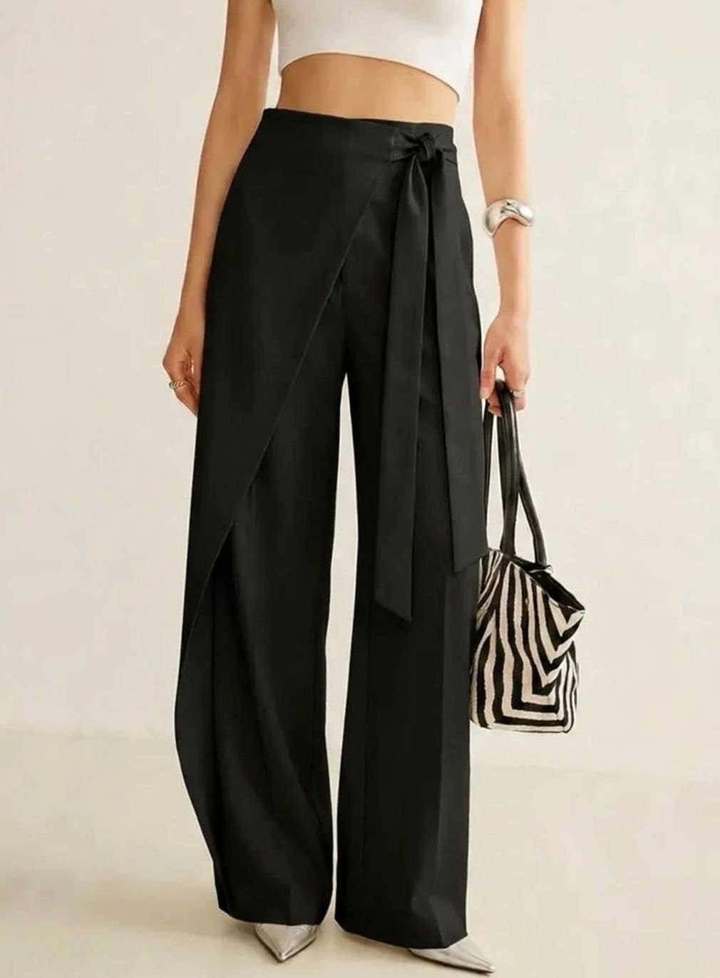 Women's High-Waist Asymmetric Wrap Wide-Leg Trousers, Light Grey - Black