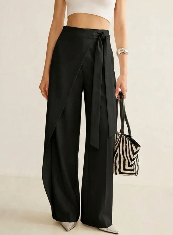 Women's High-Waist Asymmetric Wrap Wide-Leg Trousers, Light Grey - Black