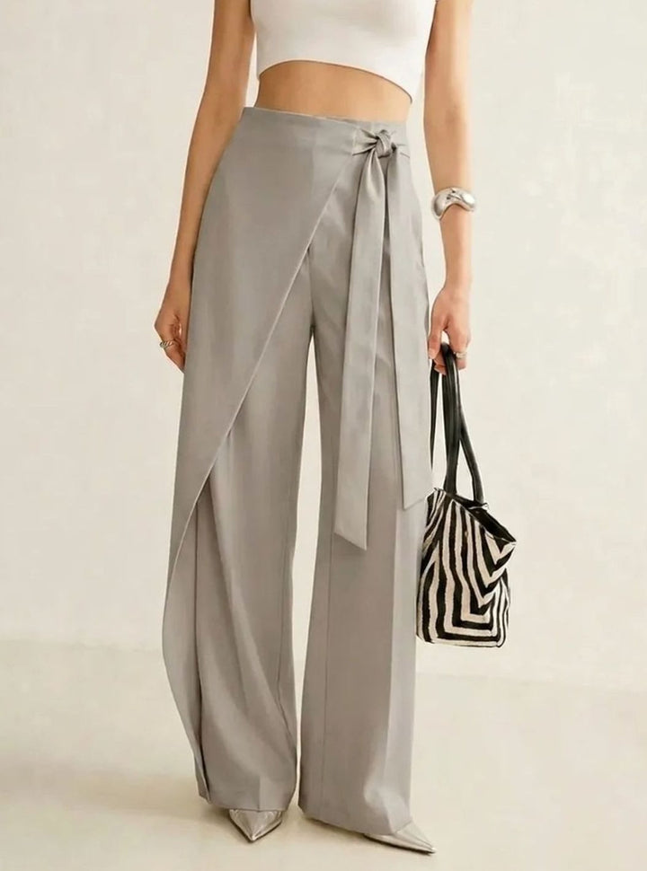 Women's High-Waist Asymmetric Wrap Wide-Leg Trousers, Light Grey - Grey