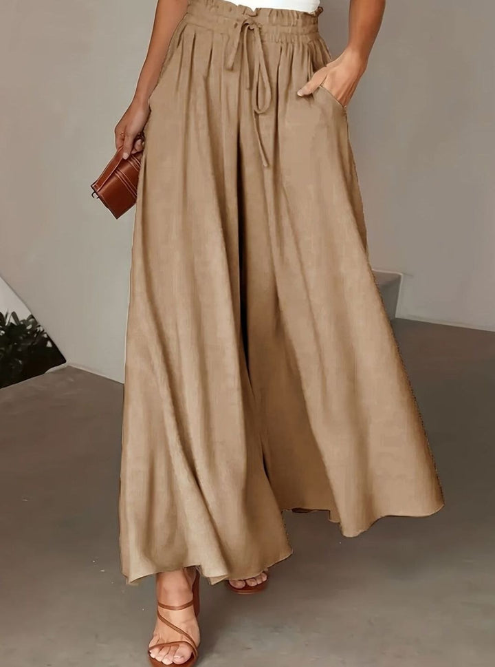 Women's High-Waist Drawstring Wide-Leg Palazzo Trousers - Khaki