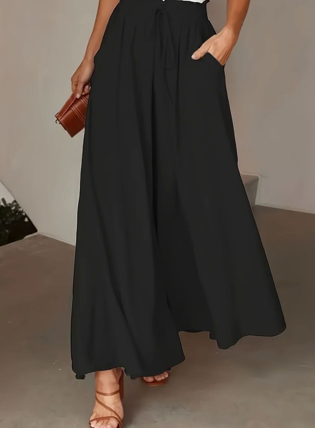 Women's High-Waist Drawstring Wide-Leg Palazzo Trousers - Black