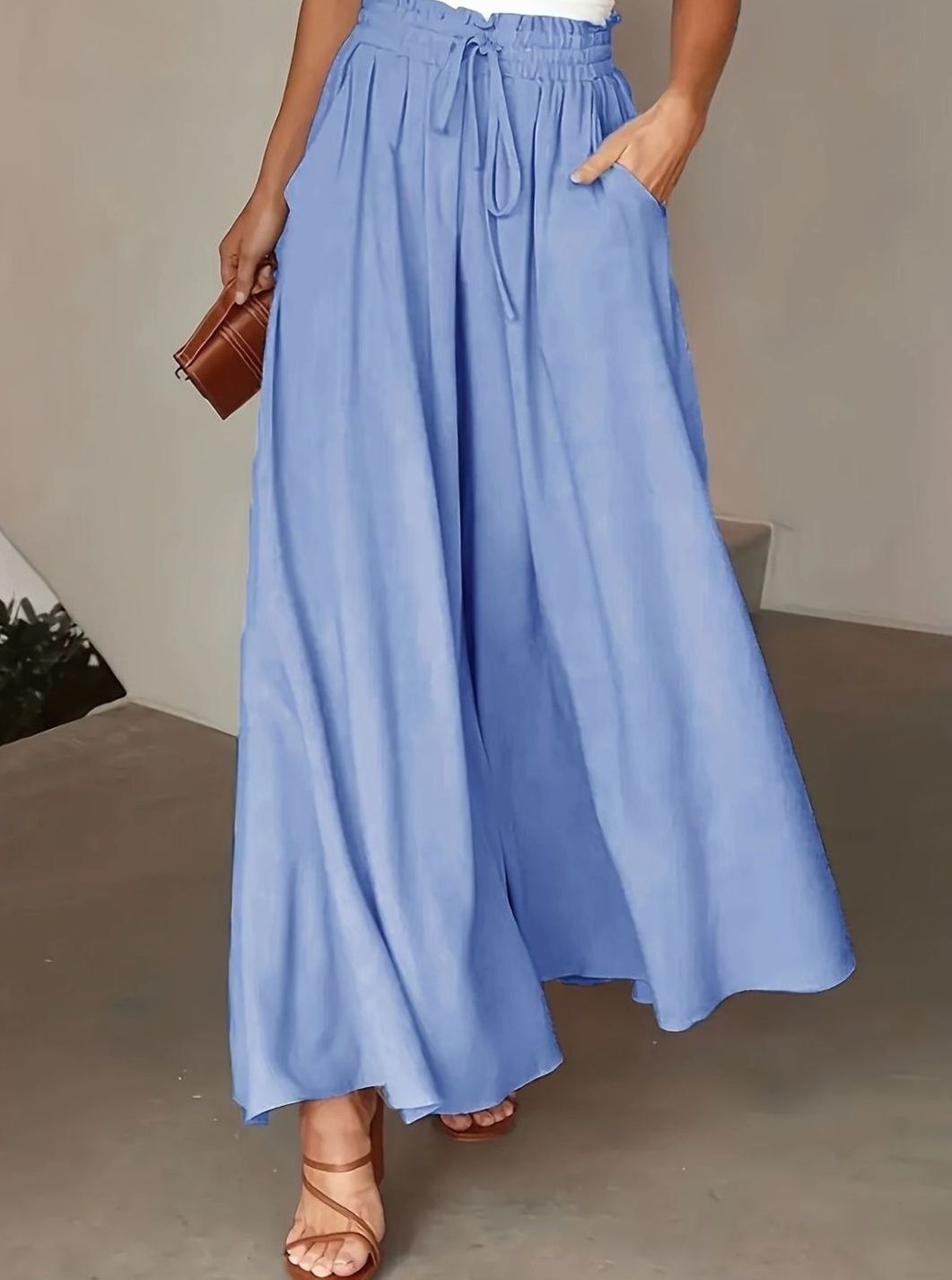 Women's High-Waist Drawstring Wide-Leg Palazzo Trousers - Light Blue