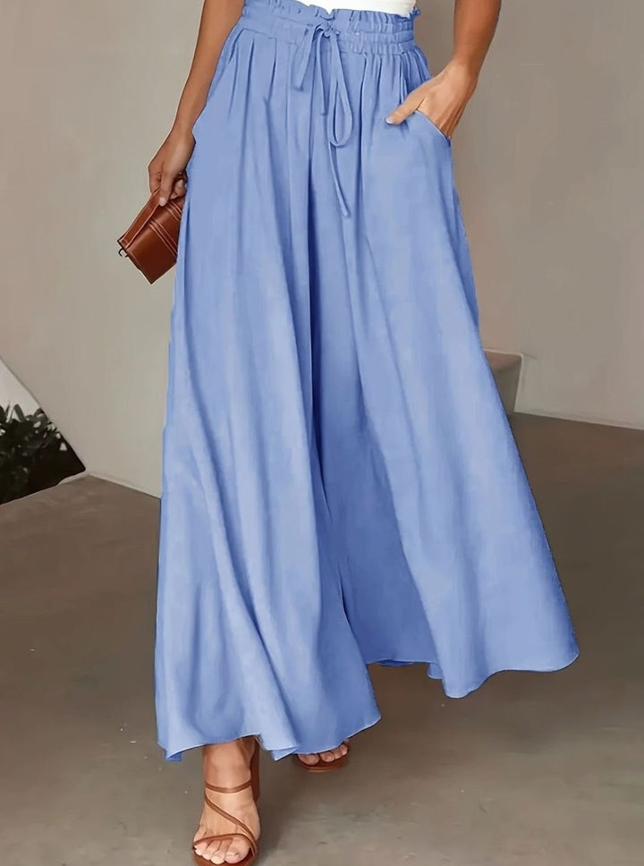 Women's High-Waist Drawstring Wide-Leg Palazzo Trousers - Light Blue