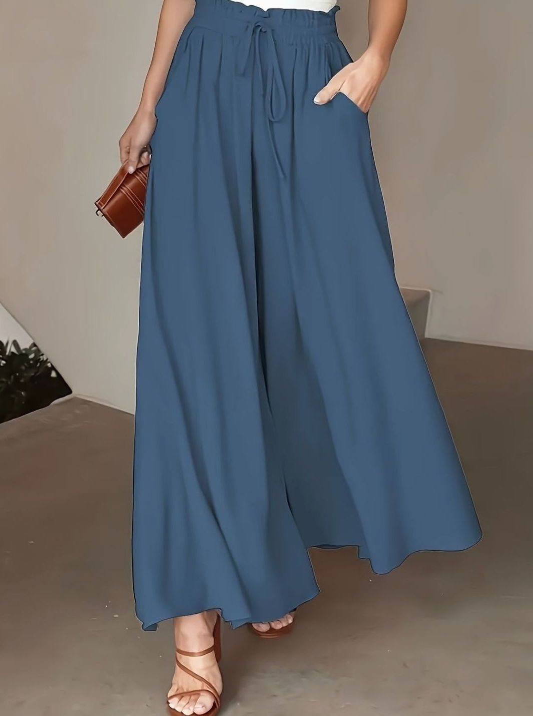 Women's High-Waist Drawstring Wide-Leg Palazzo Trousers - Navy Blue
