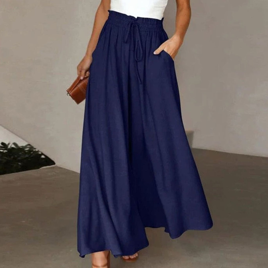 Women's High-Waist Linen Blend Wide-Leg Drawstring Trousers - Dark Blue