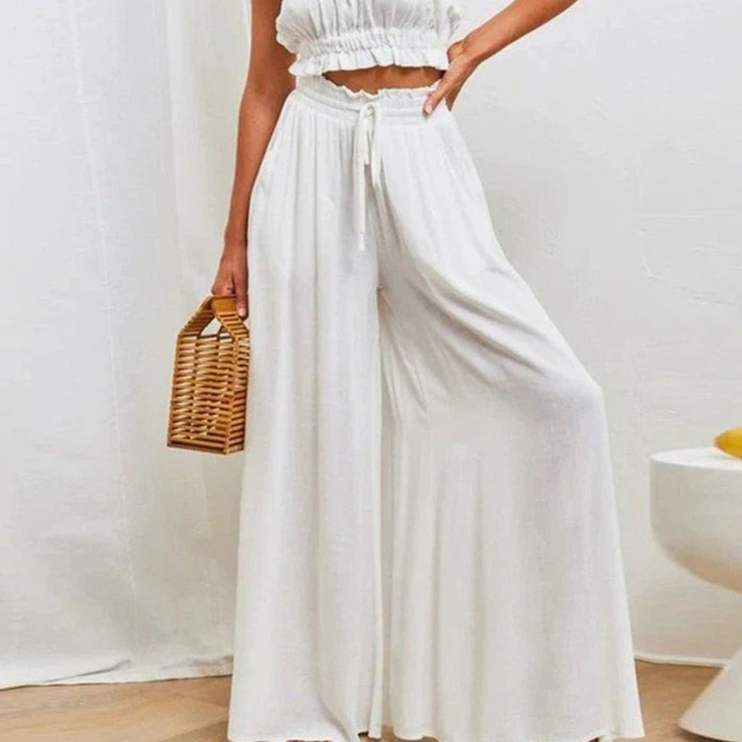 Women's High-Waist Linen Blend Wide-Leg Drawstring Trousers - White