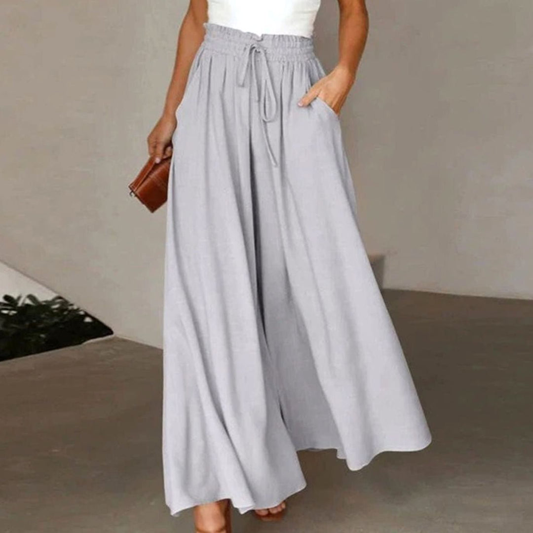 Women's High-Waist Linen Blend Wide-Leg Drawstring Trousers - Grey