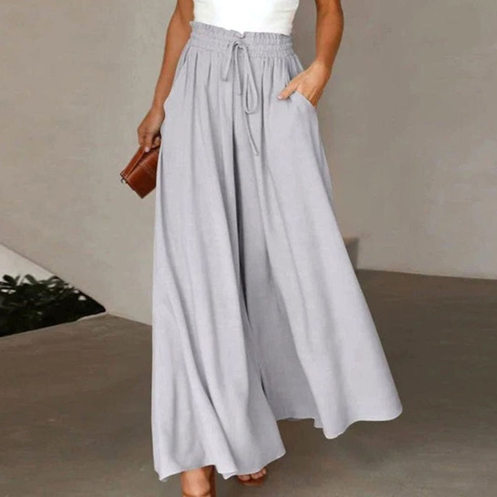 Women's High-Waist Linen Blend Wide-Leg Drawstring Trousers - Grey