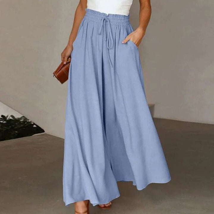 Women's High-Waist Linen Blend Wide-Leg Drawstring Trousers - Blue