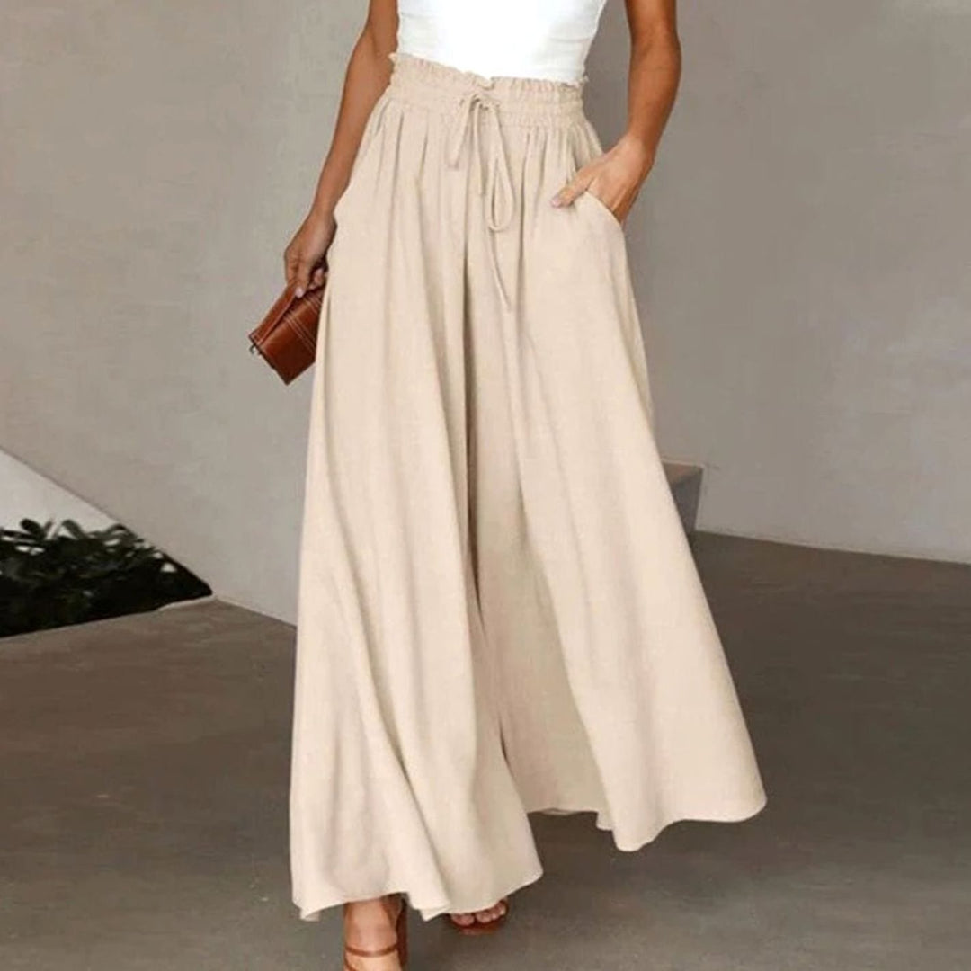 Women's High-Waist Linen Blend Wide-Leg Drawstring Trousers - Beige
