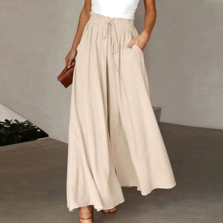 Women's High-Waist Linen Blend Wide-Leg Drawstring Trousers - Beige