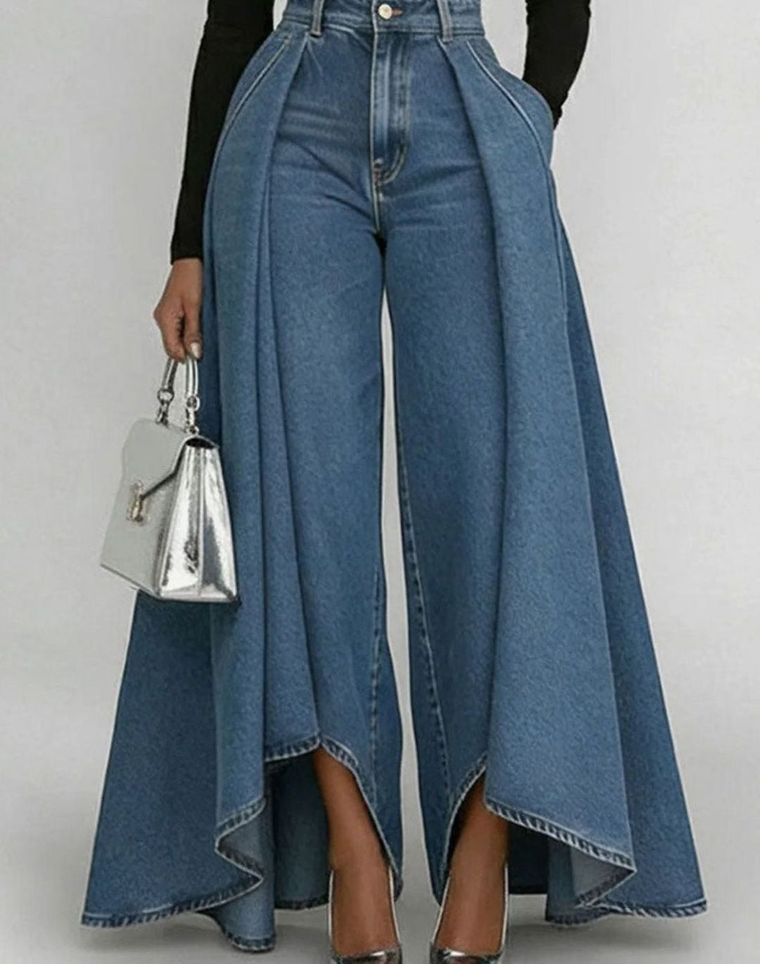 Women's High-Waist Pleated Flared Denim Wide-Leg Trousers - Denim Blue