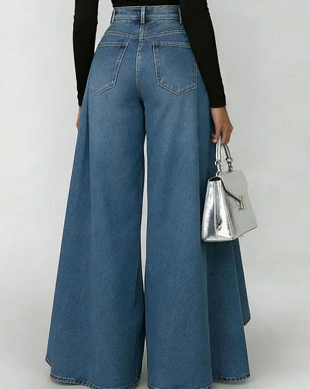 Women's High-Waist Pleated Flared Denim Wide-Leg Trousers