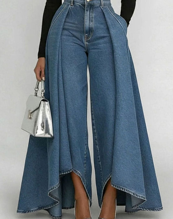Women's High-Waist Pleated Flared Denim Wide-Leg Trousers