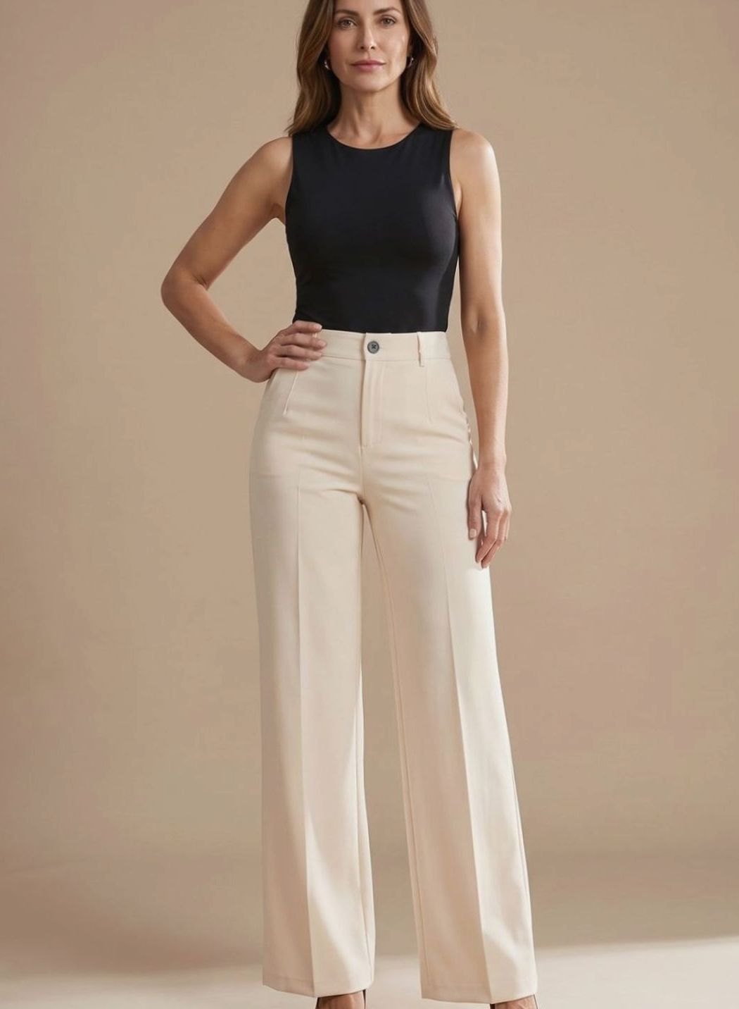 Women's High-Waist Pleated Wide-Leg Dress Trousers - Apricot