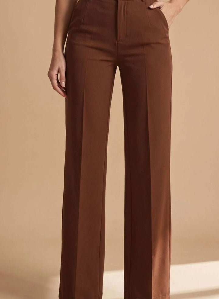 Women's High-Waist Pleated Wide-Leg Dress Trousers - Brown