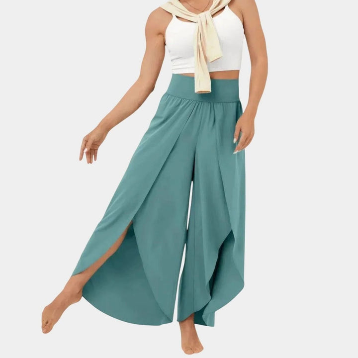 Women's High-Waist Relaxed Flared Split-Hem Wide-Leg Trousers - Light Blue