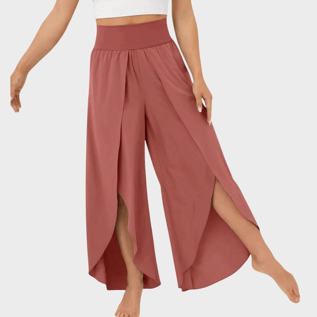 Women's High-Waist Relaxed Flared Split-Hem Wide-Leg Trousers - Red