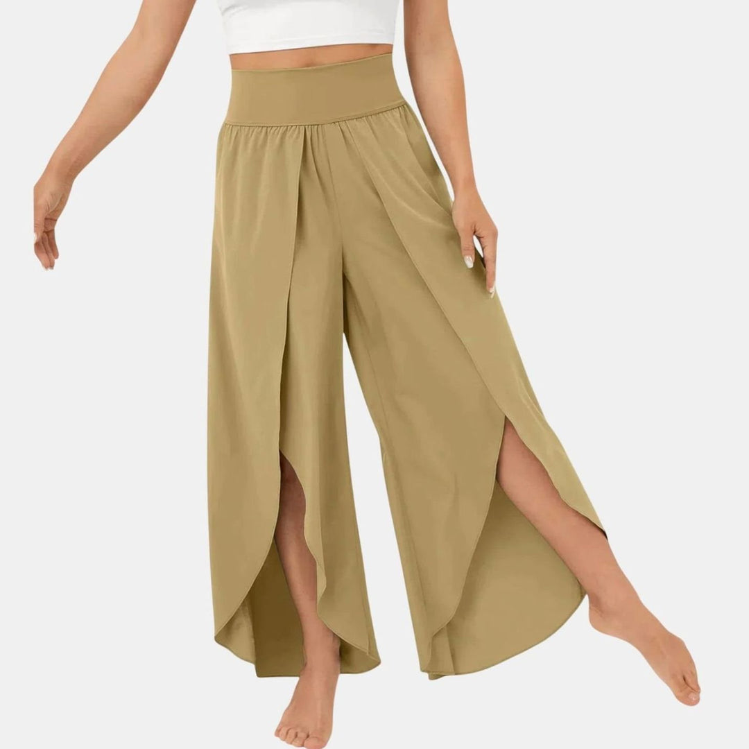 Women's High-Waist Relaxed Flared Split-Hem Wide-Leg Trousers - Khaki
