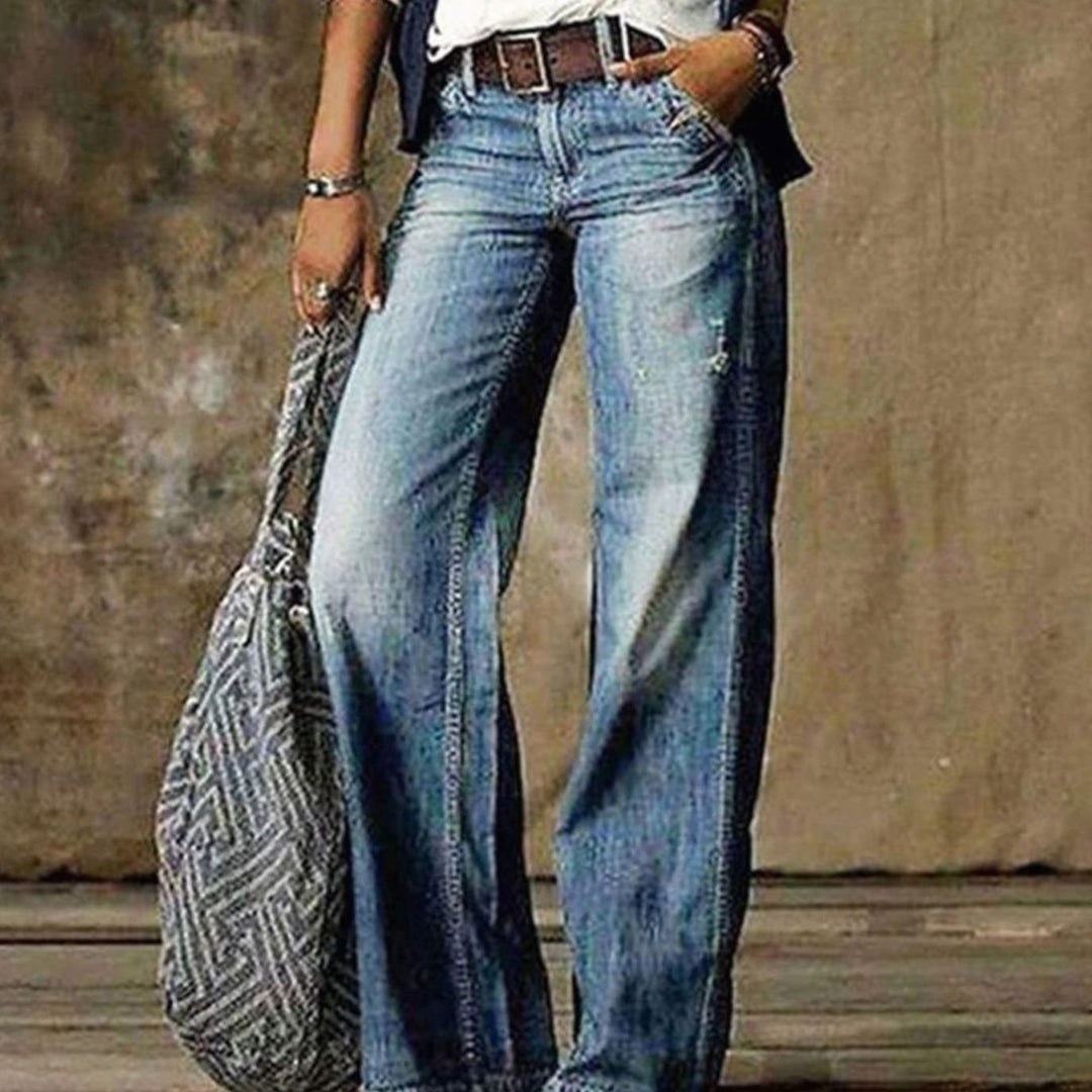 Women's High-Waist Relaxed Wide-Leg Jeans Ladies Washed Denim - Light Blue