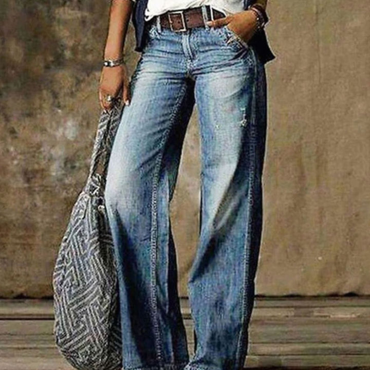 Women's High-Waist Relaxed Wide-Leg Jeans Ladies Washed Denim - Light Blue