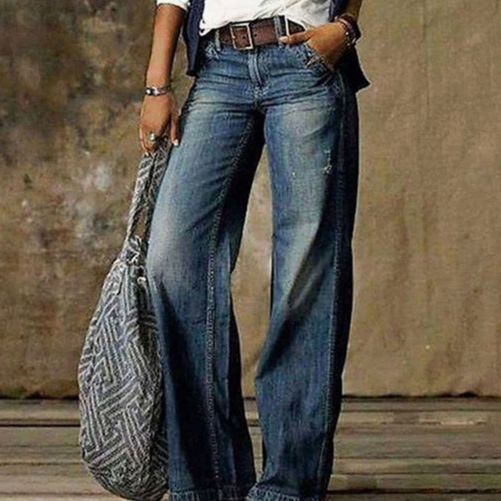 Women's High-Waist Relaxed Wide-Leg Jeans Ladies Washed Denim - Blue