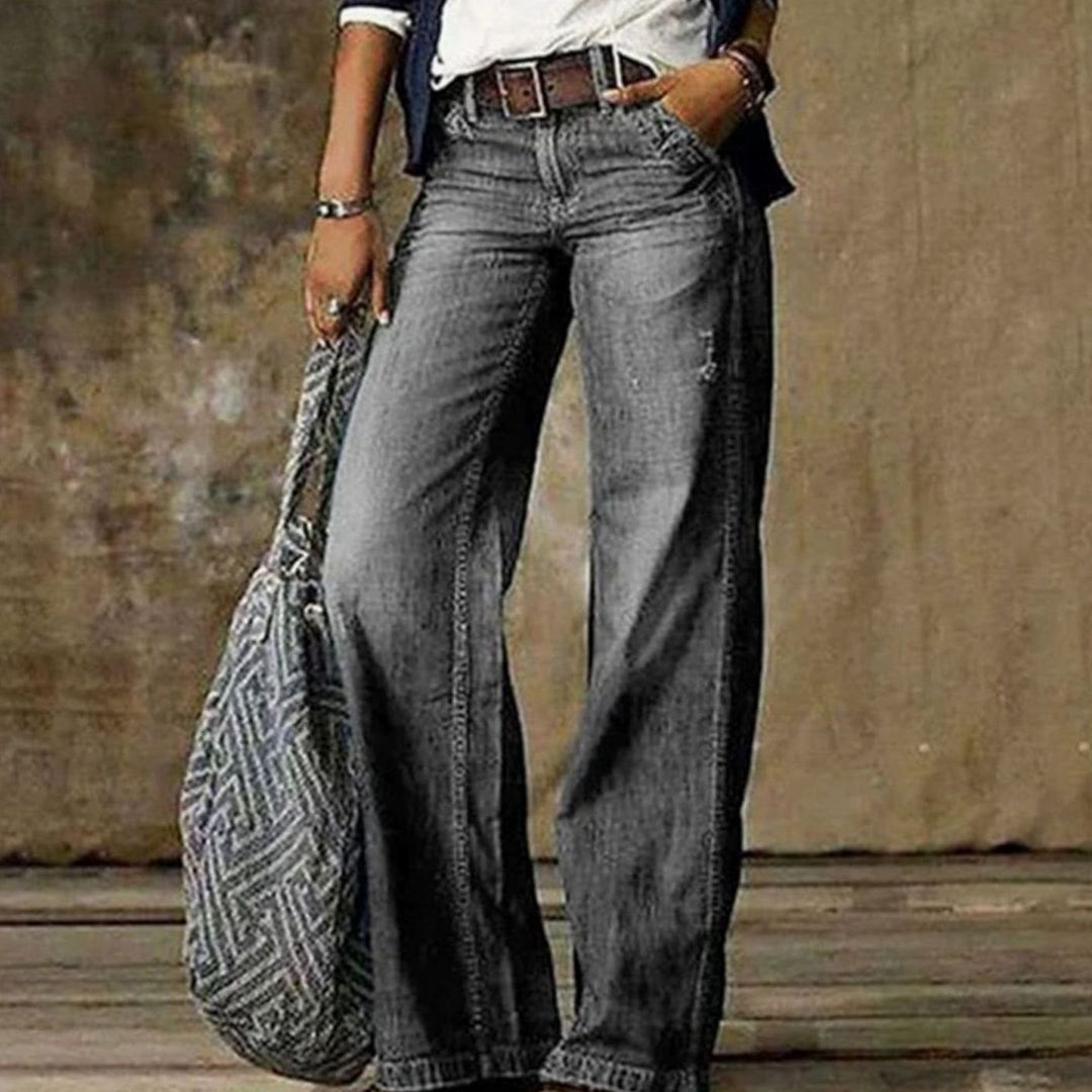 Women's High-Waist Relaxed Wide-Leg Jeans Ladies Washed Denim - Light Grey
