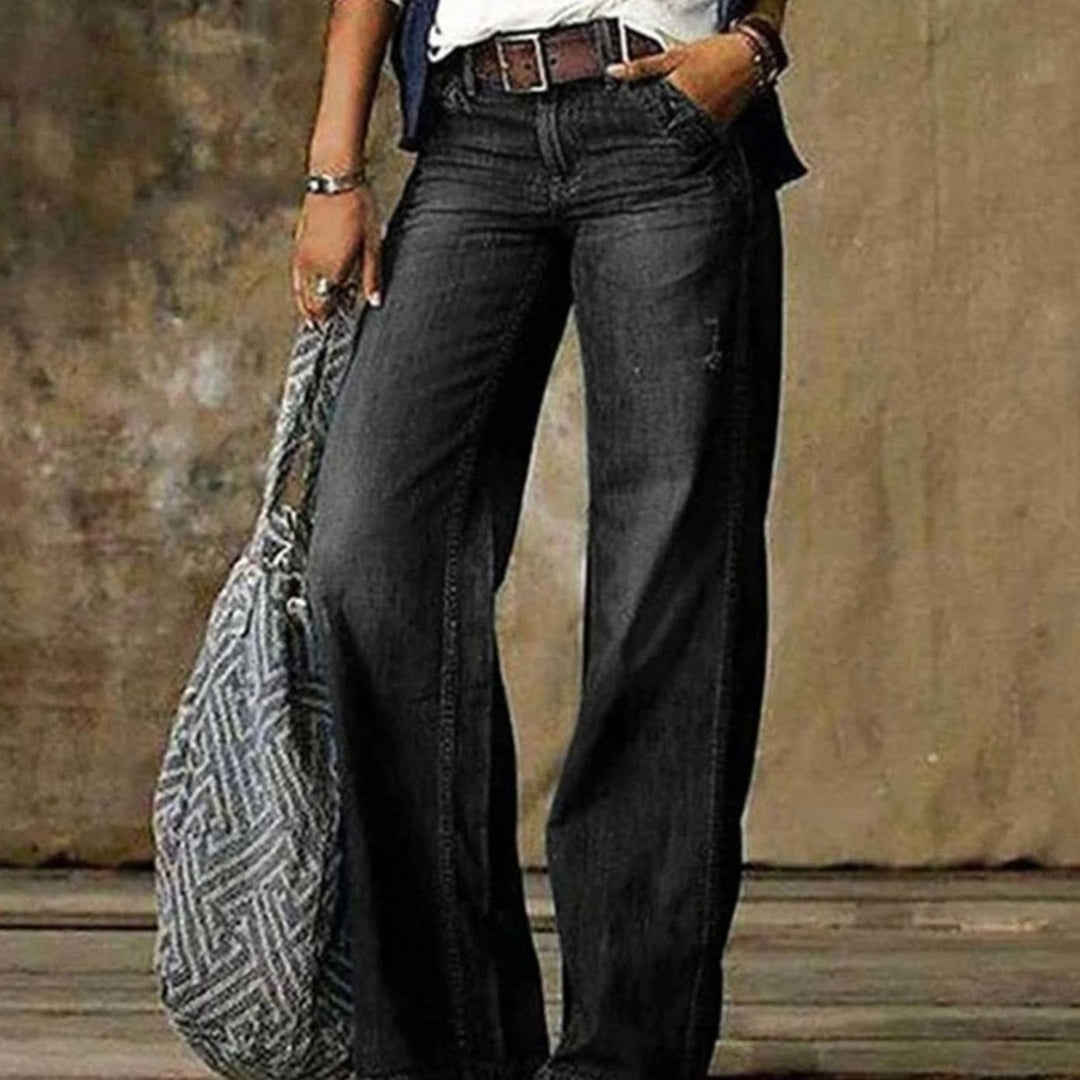 Women's High-Waist Relaxed Wide-Leg Jeans Ladies Washed Denim - Grey