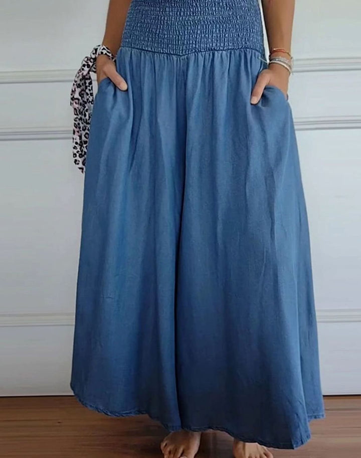 Women's High-Waist Smocked Wide-Leg Full-Length Trousers