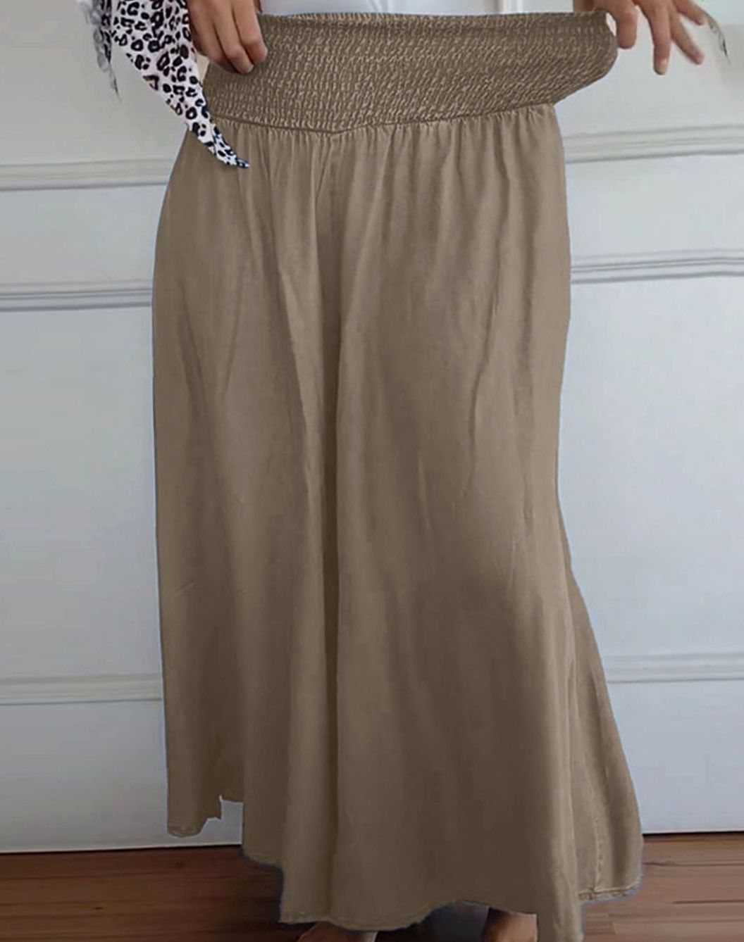 Women's High-Waist Smocked Wide-Leg Full-Length Trousers