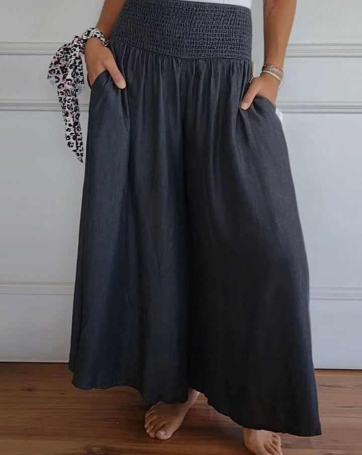 Women's High-Waist Smocked Wide-Leg Full-Length Trousers - Dark Grey