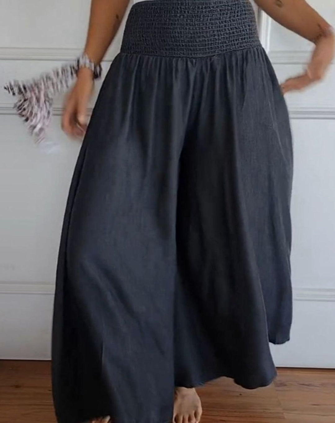 Women's High-Waist Smocked Wide-Leg Full-Length Trousers