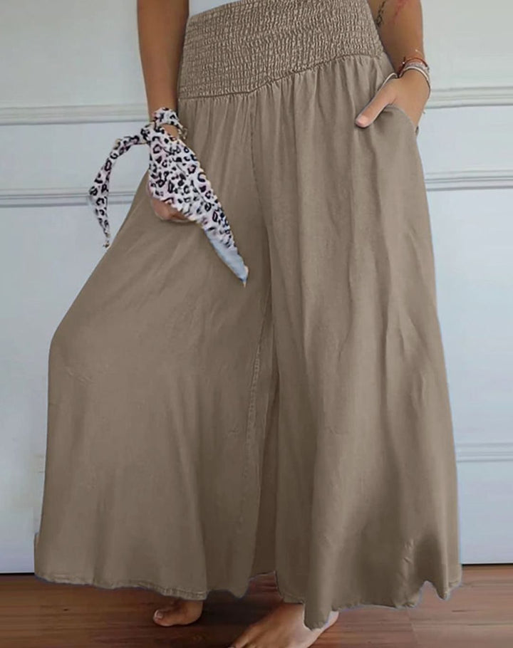 Women's High-Waist Smocked Wide-Leg Full-Length Trousers
