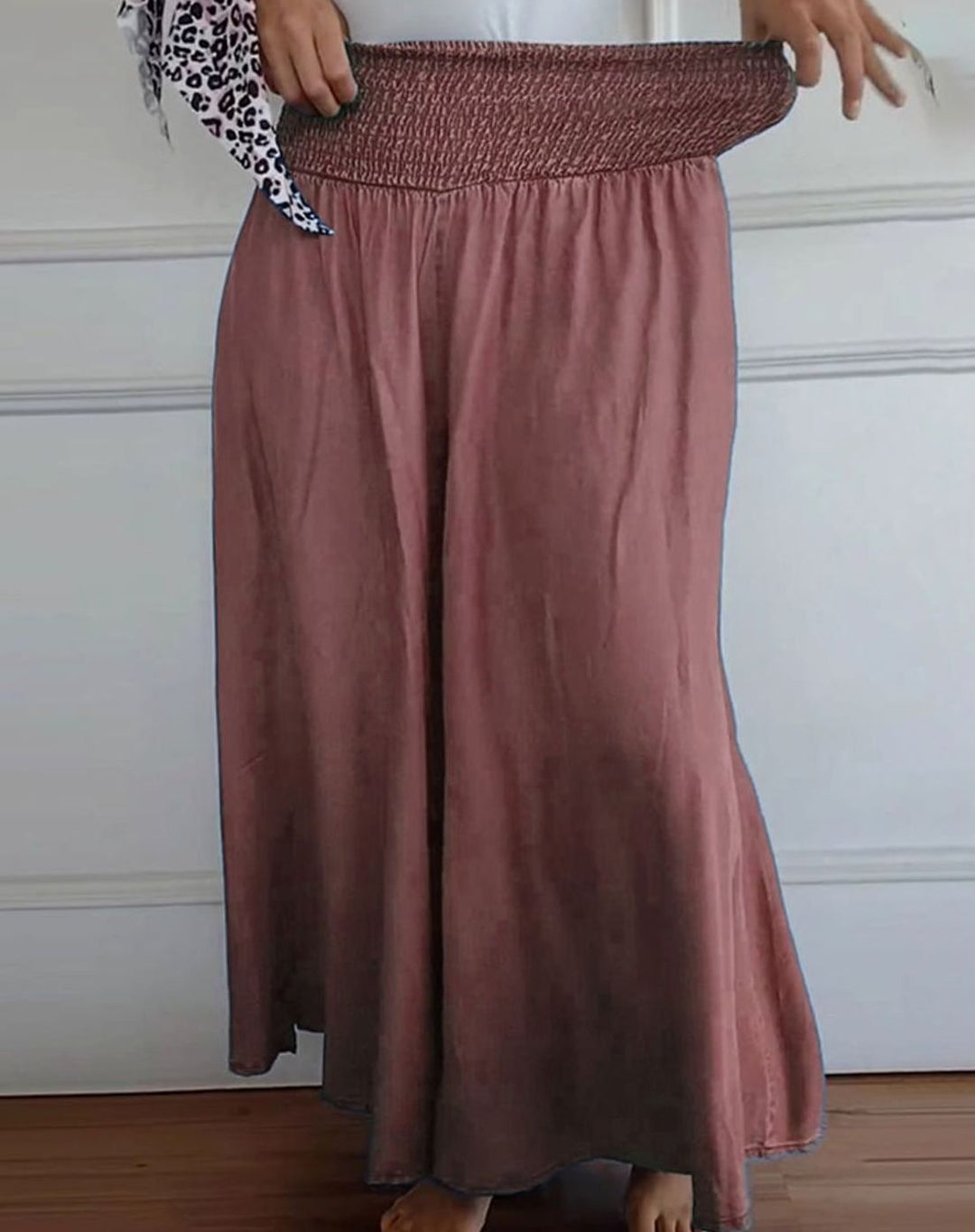 Women's High-Waist Smocked Wide-Leg Full-Length Trousers