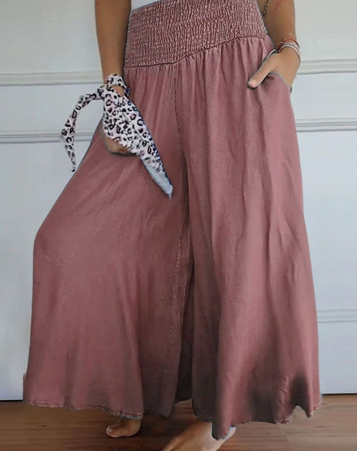 Women's High-Waist Smocked Wide-Leg Full-Length Trousers