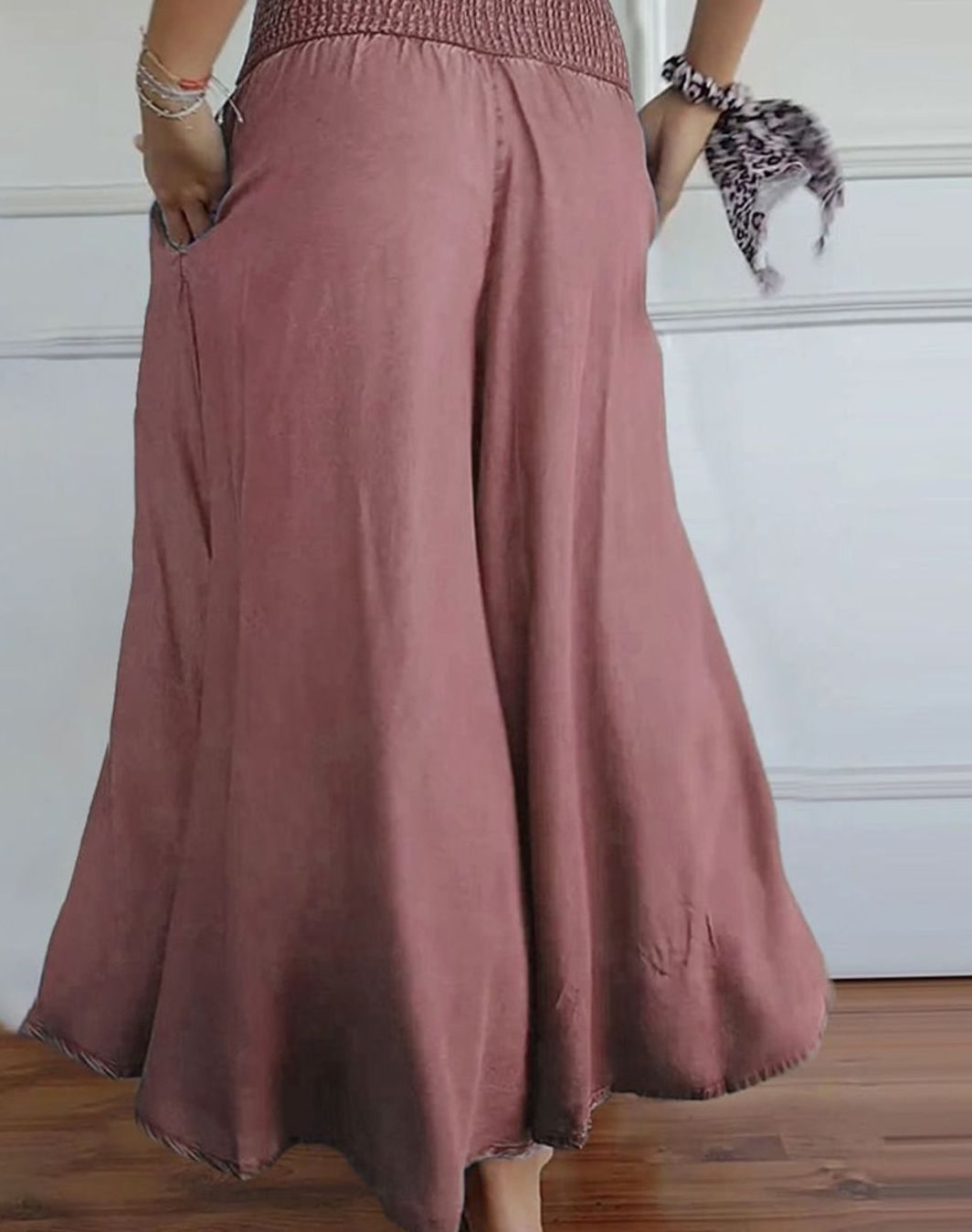 Women's High-Waist Smocked Wide-Leg Full-Length Trousers